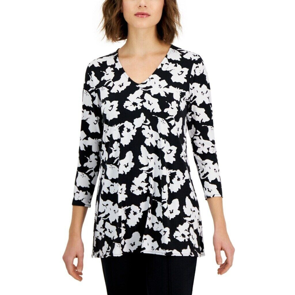 Alfani Women's Women's Black & White Printed 3/4-Sleeve V-Neck Tunic Top NWT